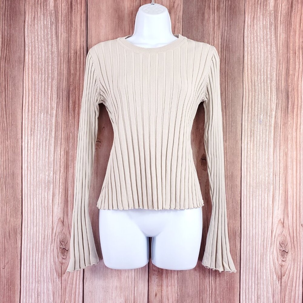 Dissh Womens Small Ada Stone Knit Beige Long Sleeve Ribbed Pullover Sweater Top